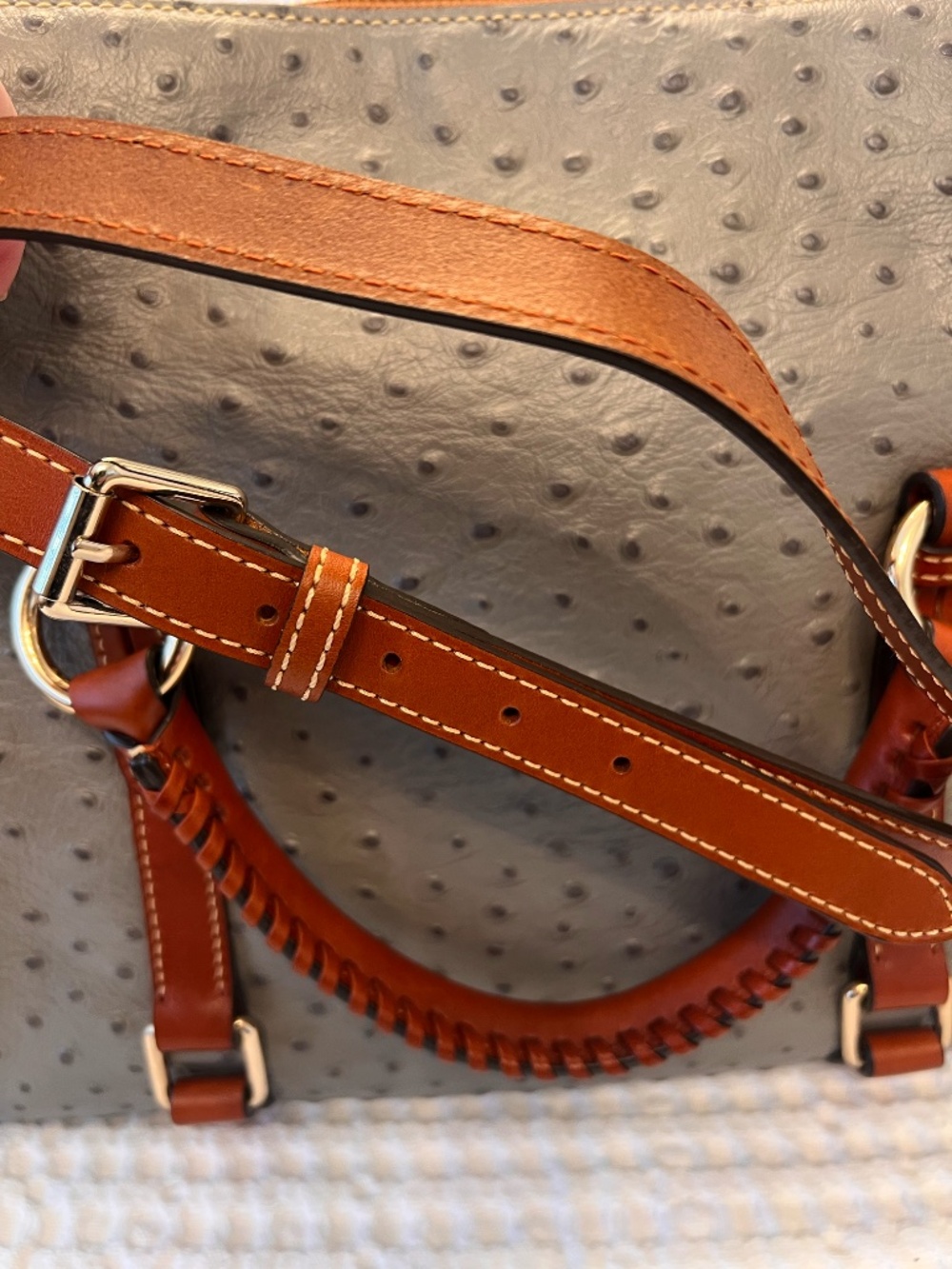 Dooney & Bourke Ostrich Embossed Satchel Gray Tassel Bag Brown Trim Gold Hardwar - Picture 9 of 16